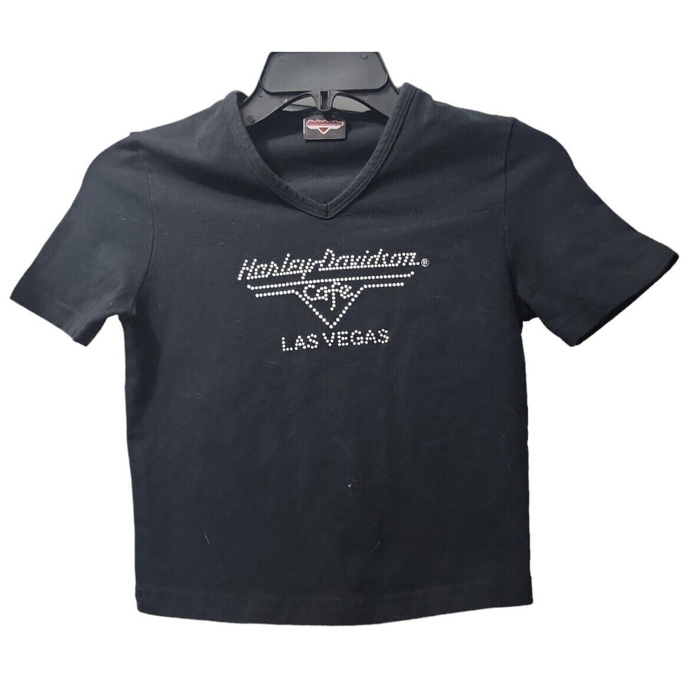 Harley-Davidson Cafe Rhinestone T-Shirt‎ Las Vegas V-Neck Top Black Size S